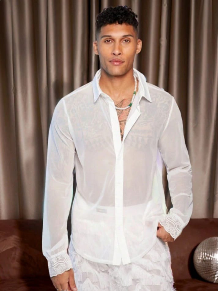 Bonga Boys Man Casual Fit High Street Vintage Style Sheer Mesh Long Sleeve Hollowe Shirts